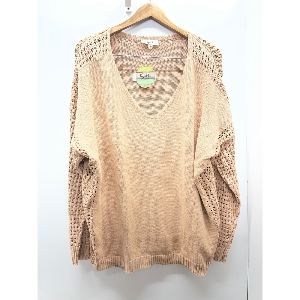 KyeMi Tan V-Neck Sweater with Crochet Open Knit Sleeves Size Small NWT